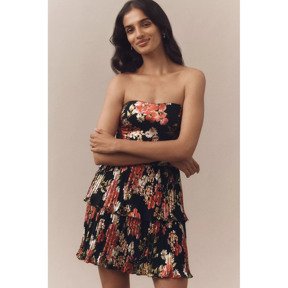 NWT!! DRESS THE POPULATION Libby Floral Tiered Mini Dress Strapless Black Large